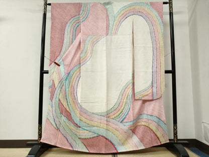 平和屋着物●豪華振袖　総絞り　よろけ縞　正絹　逸品　CABG0032yc