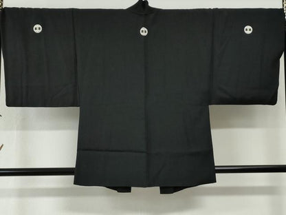 平和屋着物●男性　黒紋付　羽織セット　羽裏：虎　正絹　逸品　CABG0101yc