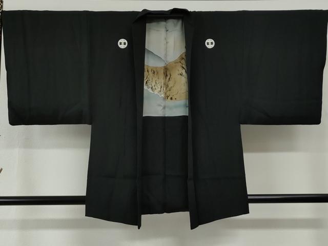 平和屋着物●男性　黒紋付　羽織セット　羽裏：虎　正絹　逸品　CABG0101yc