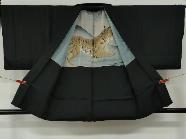 平和屋着物●男性　黒紋付　羽織セット　羽裏：虎　正絹　逸品　CABG0101yc