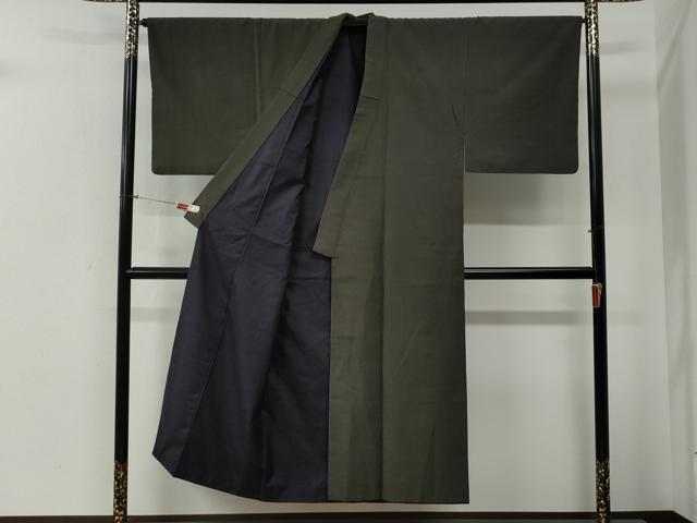 平和屋着物●男性　紬　アンサンブル　色無地　藍海松茶色　正絹　逸品　CABG0102yc
