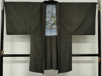 平和屋着物●男性　紬　アンサンブル　色無地　藍海松茶色　正絹　逸品　CABG0102yc