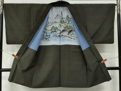 平和屋着物●男性　紬　アンサンブル　色無地　藍海松茶色　正絹　逸品　CABG0102yc