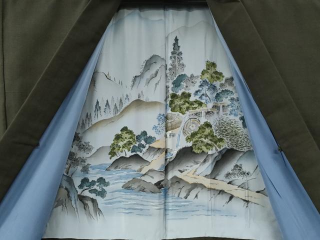 平和屋着物●男性　紬　アンサンブル　色無地　藍海松茶色　正絹　逸品　CABG0102yc