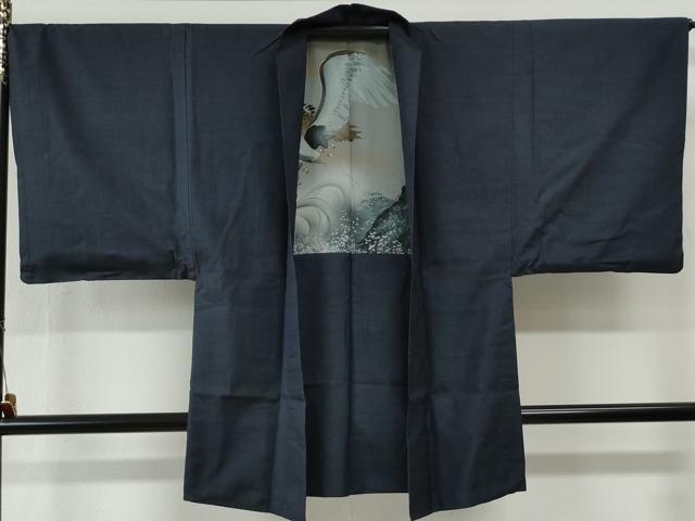 平和屋着物●男性　本場大島紬　アンサンブル　格子　羽裏：鷹　正絹　逸品　CABG0103yc