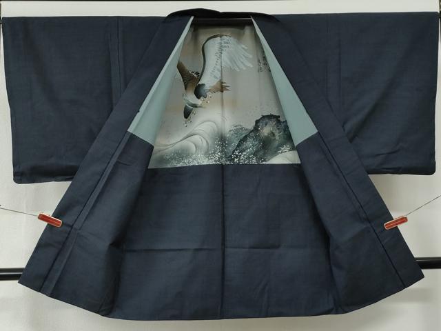 平和屋着物●男性　本場大島紬　アンサンブル　格子　羽裏：鷹　正絹　逸品　CABG0103yc