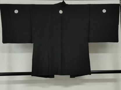 平和屋着物●男性　黒紋付　羽織セット　羽裏：富士・風景文　正絹　逸品　CABG0105yc