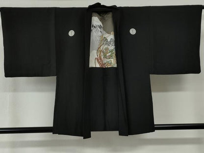 平和屋着物●男性　黒紋付　羽織セット　羽裏：富士・風景文　正絹　逸品　CABG0105yc