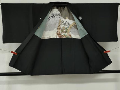 平和屋着物●男性　黒紋付　羽織セット　羽裏：富士・風景文　正絹　逸品　CABG0105yc