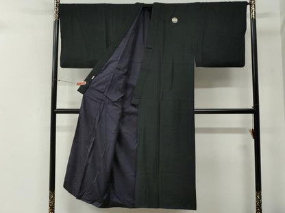 平和屋着物●男性　黒紋付　羽織セット　羽裏：富士・龍　正絹　逸品　CABG0107yc