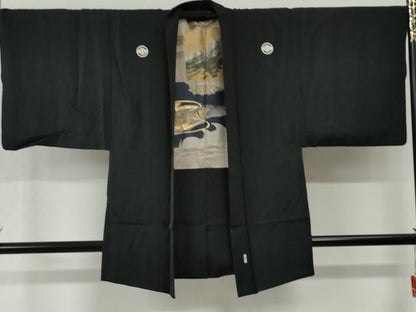 平和屋着物●男性　黒紋付　羽織セット　羽裏：富士・龍　正絹　逸品　CABG0107yc
