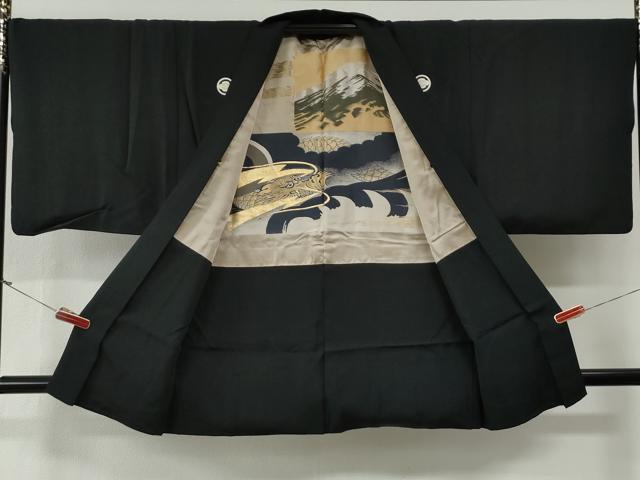 平和屋着物●男性　黒紋付　羽織セット　羽裏：富士・龍　正絹　逸品　CABG0107yc