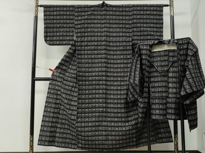 平和屋着物●久留米絣　アンサンブル　単衣　色紙吉祥文　黒地　綿　逸品　CABG0108yc