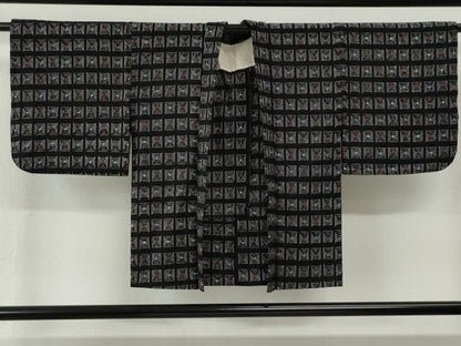 平和屋着物●久留米絣　アンサンブル　単衣　色紙吉祥文　黒地　綿　逸品　CABG0108yc
