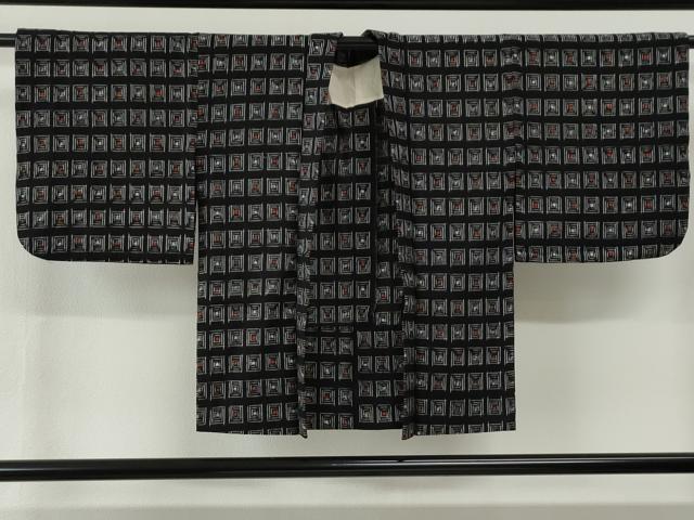 平和屋着物●久留米絣　アンサンブル　単衣　色紙吉祥文　黒地　綿　逸品　CABG0108yc