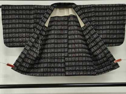 平和屋着物●久留米絣　アンサンブル　単衣　色紙吉祥文　黒地　綿　逸品　CABG0108yc