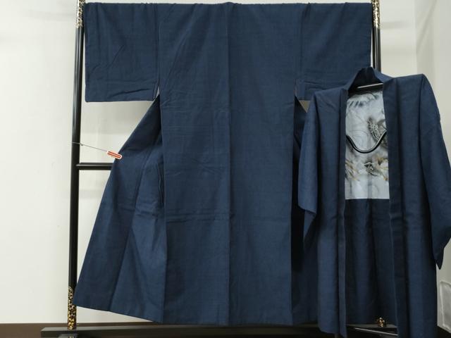 平和屋着物●男性　紬　アンサンブル　色無地　鉄紺色　羽裏：龍　正絹　逸品　CABG0109yc