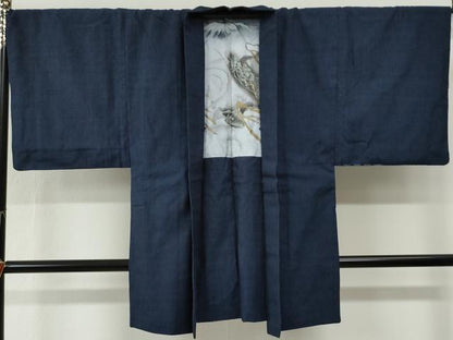 平和屋着物●男性　紬　アンサンブル　色無地　鉄紺色　羽裏：龍　正絹　逸品　CABG0109yc