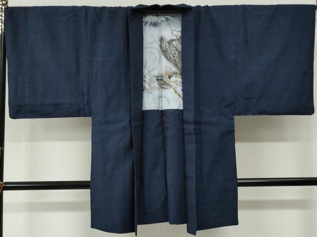 平和屋着物●男性　紬　アンサンブル　色無地　鉄紺色　羽裏：龍　正絹　逸品　CABG0109yc