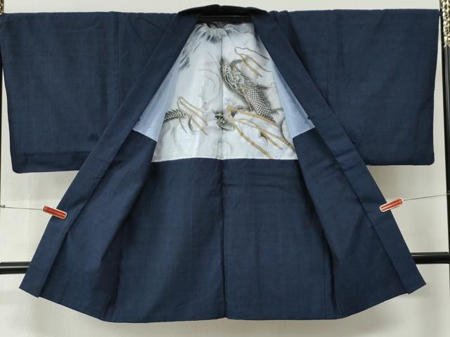 平和屋着物●男性　紬　アンサンブル　色無地　鉄紺色　羽裏：龍　正絹　逸品　CABG0109yc