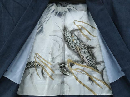 平和屋着物●男性　紬　アンサンブル　色無地　鉄紺色　羽裏：龍　正絹　逸品　CABG0109yc