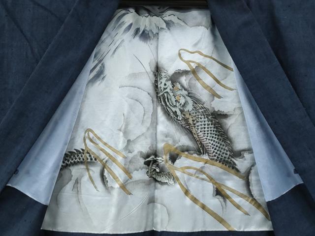 平和屋着物●男性　紬　アンサンブル　色無地　鉄紺色　羽裏：龍　正絹　逸品　CABG0109yc