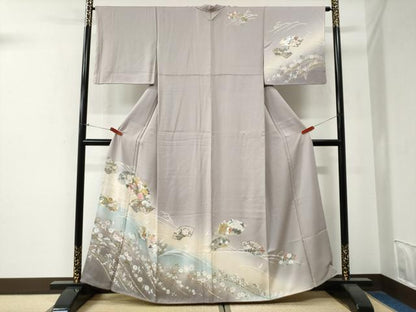 平和屋着物●訪問着　立波地紙鴛鴦鶴草花文　暈し染め　金彩　正絹　逸品　未使用　CABG0113yc