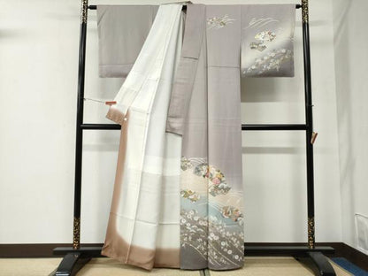 平和屋着物●訪問着　立波地紙鴛鴦鶴草花文　暈し染め　金彩　正絹　逸品　未使用　CABG0113yc