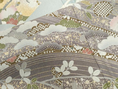平和屋着物●訪問着　立波地紙鴛鴦鶴草花文　暈し染め　金彩　正絹　逸品　未使用　CABG0113yc