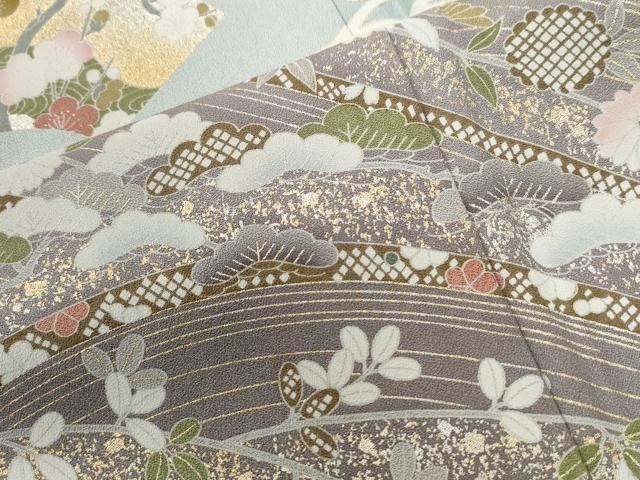 平和屋着物●訪問着　立波地紙鴛鴦鶴草花文　暈し染め　金彩　正絹　逸品　未使用　CABG0113yc