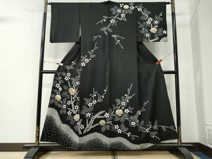 平和屋着物●訪問着　絞り　刺繍　枝花文　黒地　金彩　正絹　逸品　CABG0134yc