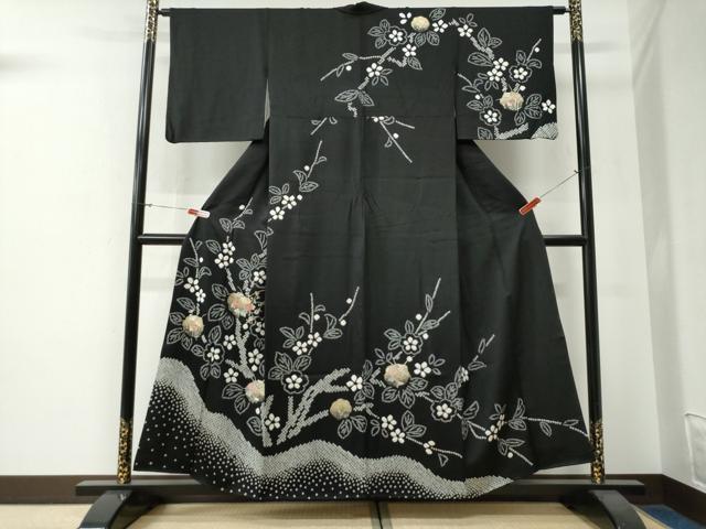 平和屋着物●訪問着　絞り　刺繍　枝花文　黒地　金彩　正絹　逸品　CABG0134yc