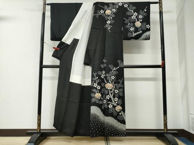 平和屋着物●訪問着　絞り　刺繍　枝花文　黒地　金彩　正絹　逸品　CABG0134yc