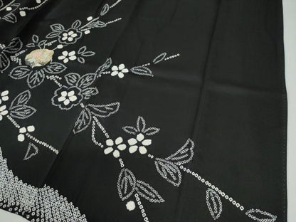 平和屋着物●訪問着　絞り　刺繍　枝花文　黒地　金彩　正絹　逸品　CABG0134yc