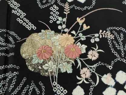 平和屋着物●訪問着　絞り　刺繍　枝花文　黒地　金彩　正絹　逸品　CABG0134yc