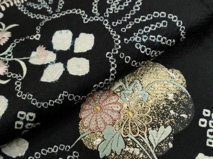 平和屋着物●訪問着　絞り　刺繍　枝花文　黒地　金彩　正絹　逸品　CABG0134yc