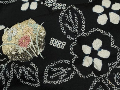 平和屋着物●訪問着　絞り　刺繍　枝花文　黒地　金彩　正絹　逸品　CABG0134yc