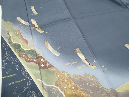 平和屋着物●訪問着　作家物　駒刺繍　短冊飛鳥草花文　暈し染め　金彩　やまと誂製　正絹　逸品　CABG0142yc