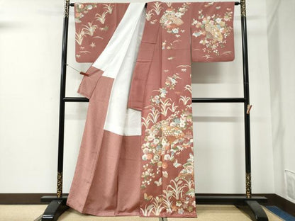 平和屋着物●訪問着　刺繍　扇面吉祥花蝶文　金彩　正絹　逸品　CABG0144yc