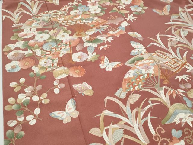 平和屋着物●訪問着　刺繍　扇面吉祥花蝶文　金彩　正絹　逸品　CABG0144yc