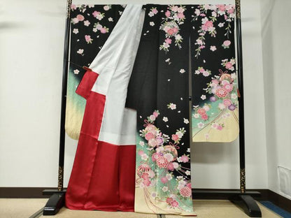 平和屋着物●豪華振袖　毬草花文　暈し染め　黒地　金通し地　正絹　逸品　CABG0152yc