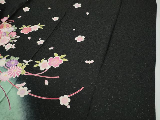 平和屋着物●豪華振袖　毬草花文　暈し染め　黒地　金通し地　正絹　逸品　CABG0152yc