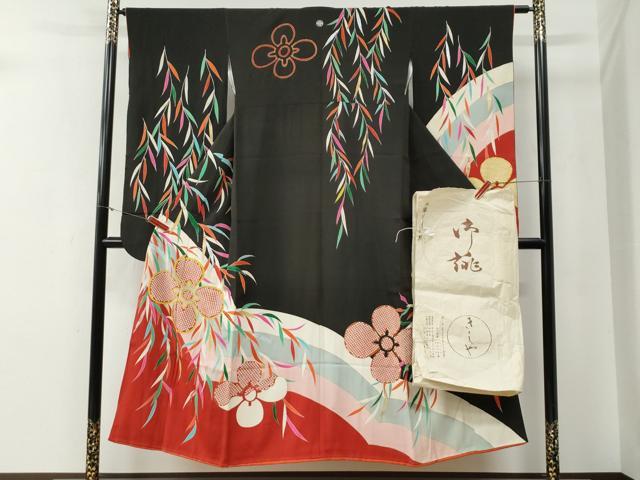 平和屋本店●銀座きしや　アンティーク　大正ロマン　振袖　舞花文　黒地　金彩　たとう紙付き　正絹　逸品　CABG0156yc