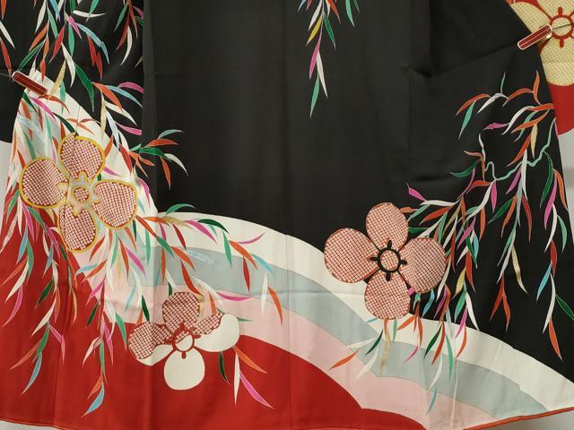 平和屋本店●銀座きしや　アンティーク　大正ロマン　振袖　舞花文　黒地　金彩　たとう紙付き　正絹　逸品　CABG0156yc
