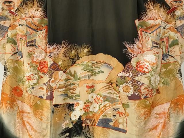平和屋本店●アンティーク　大正ロマン　振袖　駒刺繍　檜扇御所車花文　暈し染め　黒地　金糸　正絹　逸品　CABG0157yc