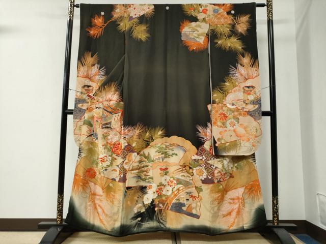 平和屋本店●アンティーク　大正ロマン　振袖　駒刺繍　檜扇御所車花文　暈し染め　黒地　金糸　正絹　逸品　CABG0157yc