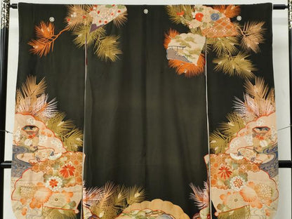平和屋本店●アンティーク　大正ロマン　振袖　駒刺繍　檜扇御所車花文　暈し染め　黒地　金糸　正絹　逸品　CABG0157yc