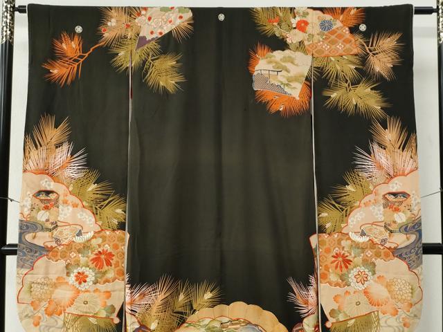 平和屋本店●アンティーク　大正ロマン　振袖　駒刺繍　檜扇御所車花文　暈し染め　黒地　金糸　正絹　逸品　CABG0157yc