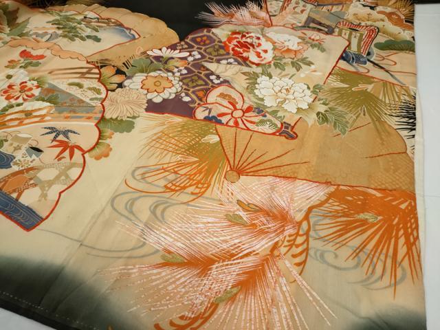 平和屋本店●アンティーク　大正ロマン　振袖　駒刺繍　檜扇御所車花文　暈し染め　黒地　金糸　正絹　逸品　CABG0157yc