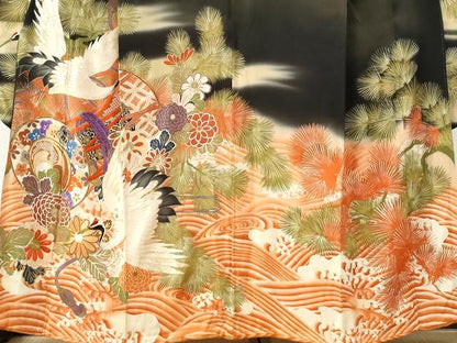 平和屋本店●アンティーク　大正ロマン　振袖　刺繍　浜松鼓飛鶴花文　暈し染め　黒地　金彩　正絹　逸品　CABG0158yc